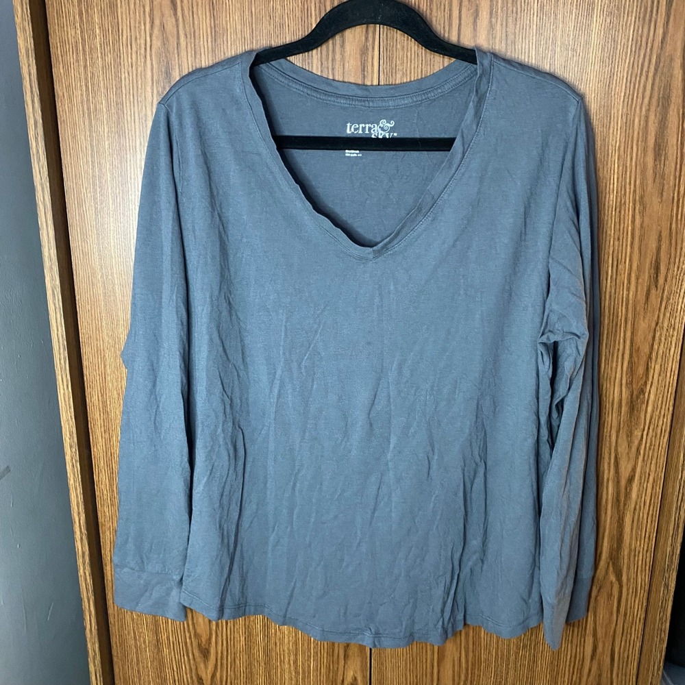 Terra & Sky‎ V-Neck Long Sleeve Tee Women 1X Grey Cotton Modal